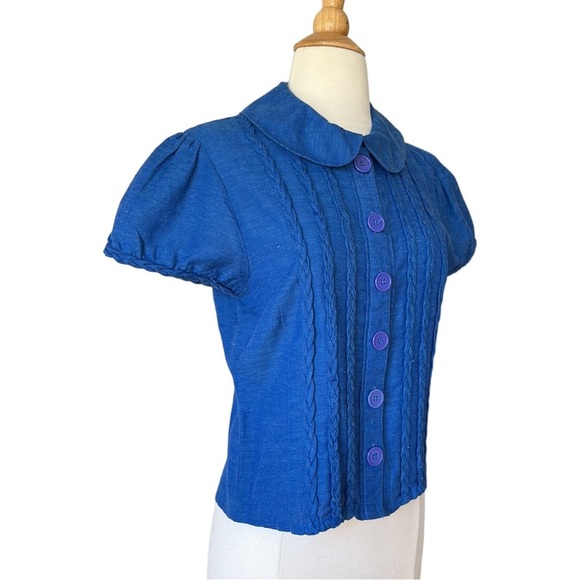 PERSAMAN New York Cobalt Blue Short Puff Sleeve Linen Blend Top, Size Medium - Picture 2 of 13